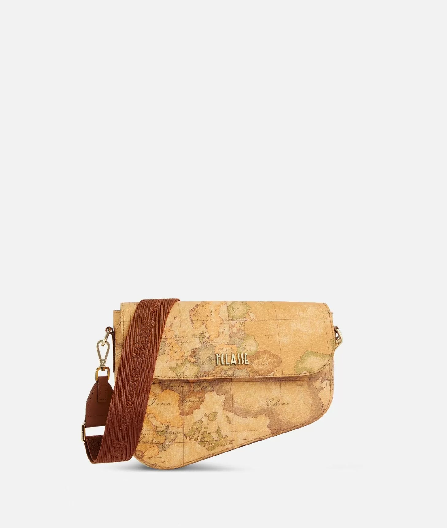 Borsa a tracolla con patta in tessuto stampa Geo Classic Naturale Alviero Martini