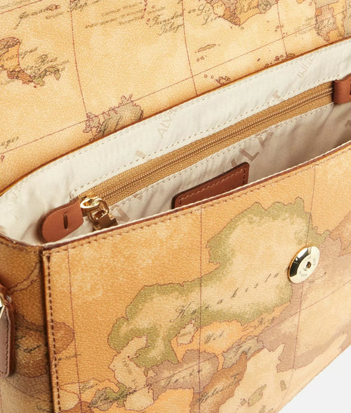 Borsa a tracolla con patta in tessuto stampa Geo Classic Naturale Alviero Martini