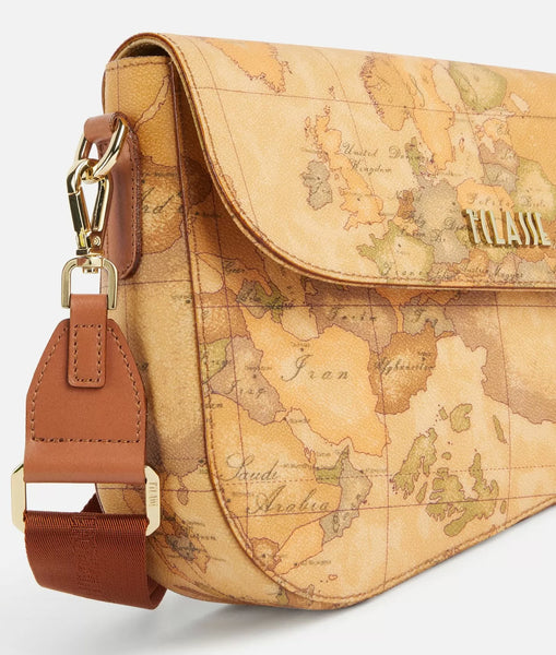 Borsa a tracolla con patta in tessuto stampa Geo Classic Naturale Alviero Martini