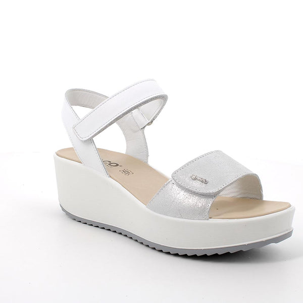 Sandali con zeppa in pelle da donna argento-bianco