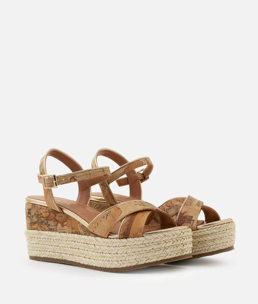 Sandali in eco nappa stampa Geo Classic con zeppa in corda Naturali Alviero Martini