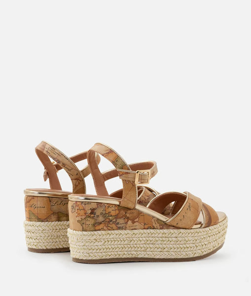 Sandali in eco nappa stampa Geo Classic con zeppa in corda Naturali Alviero Martini