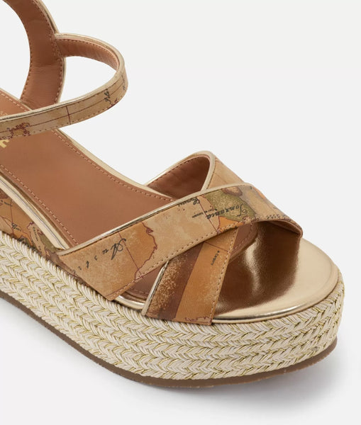 Sandali in eco nappa stampa Geo Classic con zeppa in corda Naturali Alviero Martini